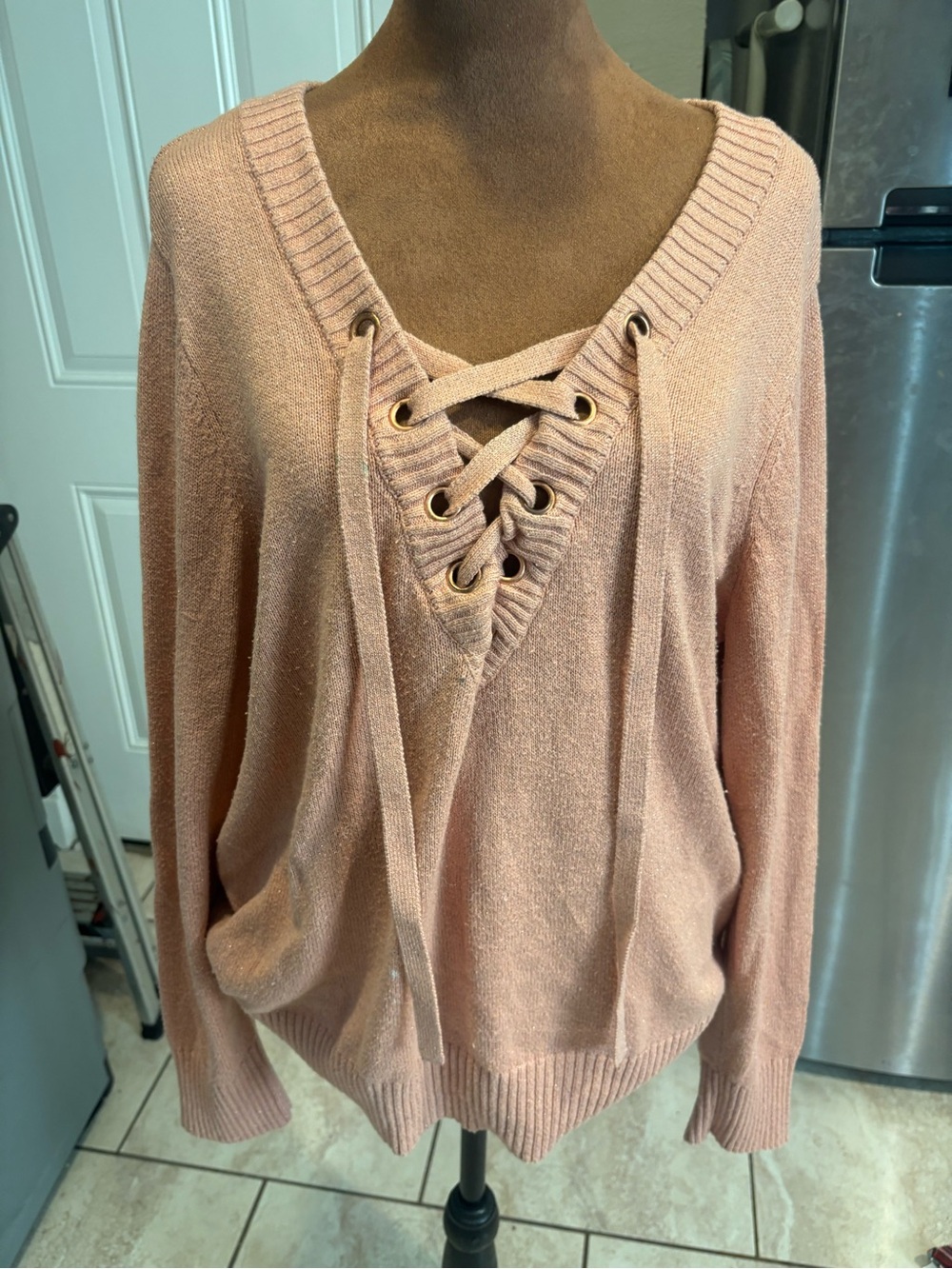 New York & Company Blush Pink Lace-Up V-Neck Sweater